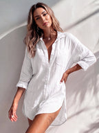 Women'S Solid Color Long Sleeve Mid-Length Shirt, Casual Everyday Wear, Temperament Easy Commute Style, Straight Loose Fit, Comfortable And Breathable Fabric, Seaside Vacation, Home Comfort Wear, Spring Summer Fall Winter All-Season Women'S Shirt - White