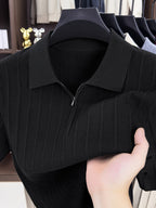 New Spring/Autumn Vertical Stripe Knit Polo Shirt for Men, Half-Zip Lapel Short Sleeve Light Luxury Stretch Casual Base Layer Top, Suitable for Daily Work Wear - Black