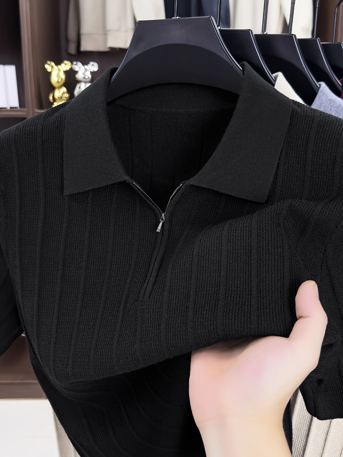 New Spring/Autumn Vertical Stripe Knit Polo Shirt for Men, Half-Zip Lapel Short Sleeve Light Luxury Stretch Casual Base Layer Top, Suitable for Daily Work Wear - Black
