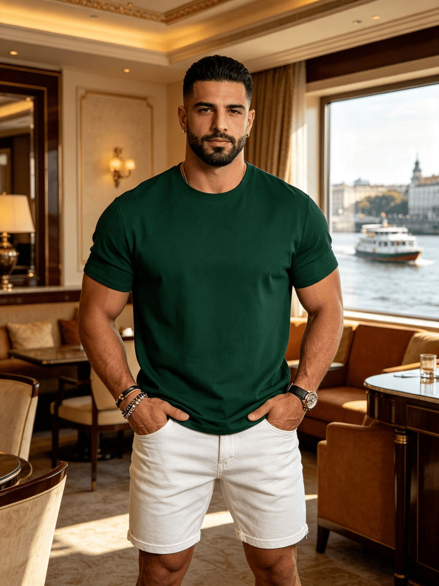 Men's Spring/Summer Solid Color T-Shirt, Short-Sleeve Top, Casual and Breathable, Suitable for Commuting and Outings, Fashionable, Trendy, Simple, and Versatile, a Casual Essential - Dark Green