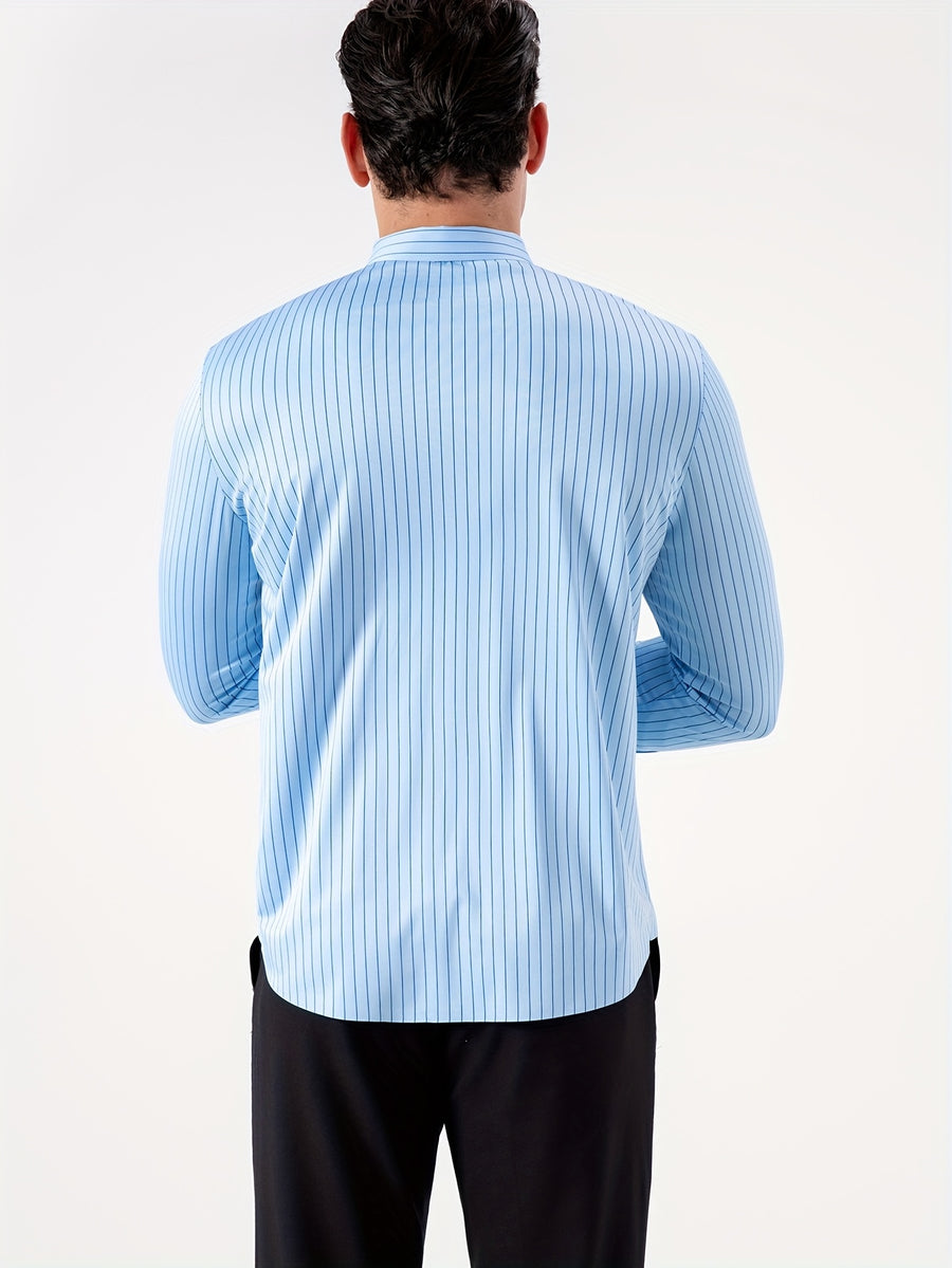 Seamless High-Elasticity Pressed Hem Wrinkle-Free Men's Long-Sleeve Striped Fashion Casual High-End Button-Up Cardigan Four-Way Stretch Men's Top, Fabric Weight 160g, Material 88% Polyester Fiber 12% Spandex - Blue Stripe