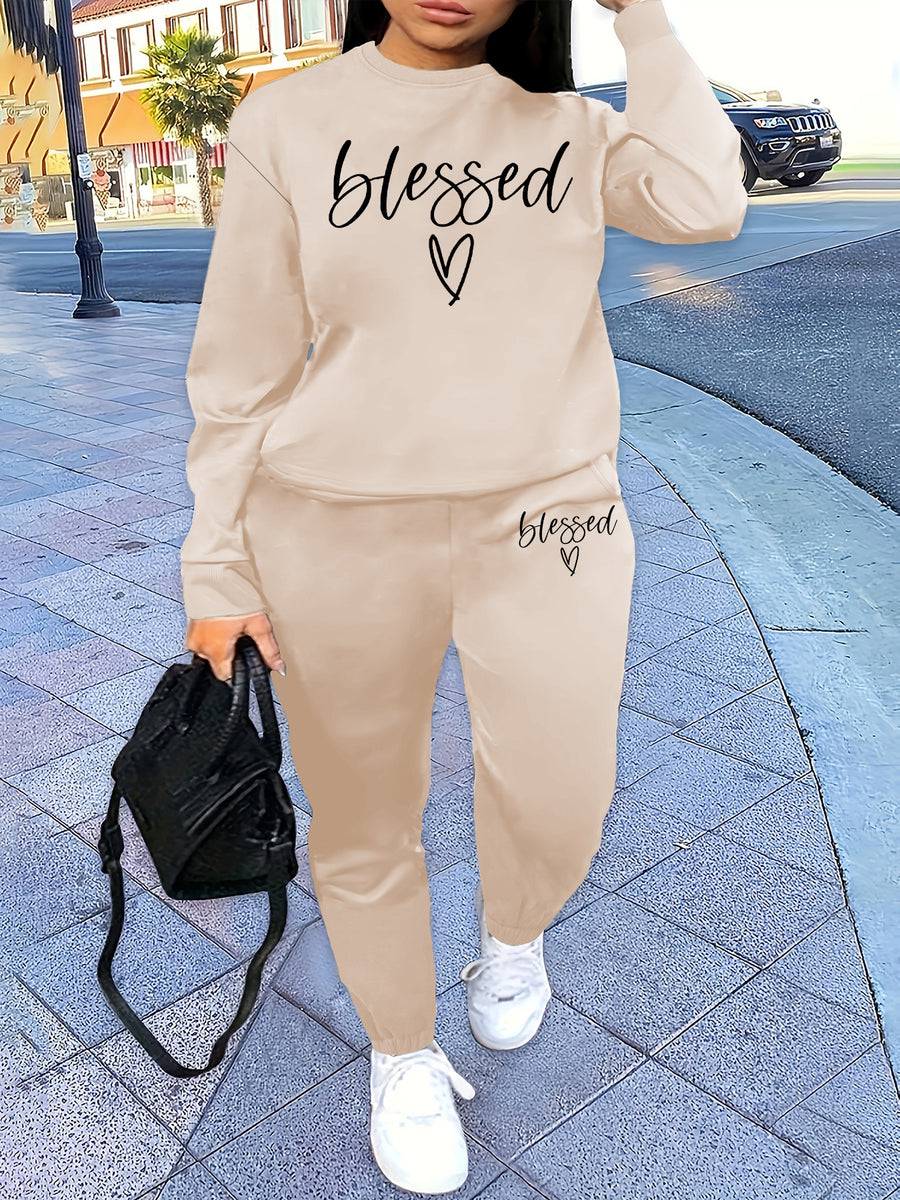 Graphic Print 2pcs Set, Crew Neck Sweatshirt & Pants, Women's Clothing - Apricot