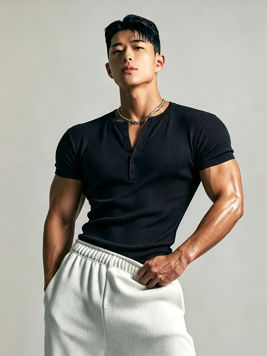 Men's Slim-Fit Henley Neck Knit Short-Sleeve T-Shirt. High-stretch Ribbed Fabric Accentuates Muscle Definition, Breathable and Sweat-wicking for a Non-stuffy Feel. Suitable for Multiple Occasions Including Fitness Training, Daily Commutes, Spring - Black