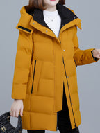 Women's Hooded Mid-Length Padded Coat with Black Contrast Lining, Zipper and Snap Button Double Front Placket, Plus Size Loose Fit, Checkered Overlock Stitching with Anti-Slip Padding, Drawstring Adjustable Hem, Zippered Side Pockets - Yellow