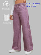 [Printed Pants - Not Denim Fabric]Printed Leggings - Non-Denim Fabric Printed Elastic Waist Wide-Leg Pants Women'S Loose Drapey Lightweight Breathable Casual Straight Long Trousers - Purple