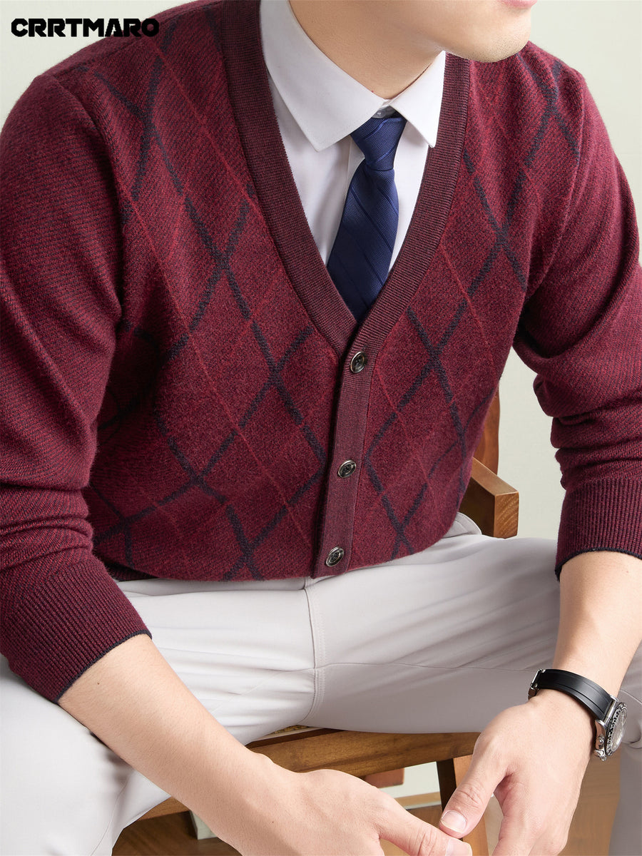 Men's Thick, V Neck Knit Cardigan, Warm Casual Layering Top for Fall and Winter - Burgundy