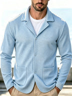 Men's New Spring, Autumn, and Winter Waffle Knit Heavyweight Single-Breasted Open Front Cardigan with Lapel Collar and Double Pockets, a Versatile Long-sleeve Business Casual Jacket. Soft, Comfortable, and Stylish Solid-color Knit Outerwear - Grey+Blue