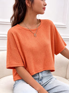 Women's Casual Loose-Fit Waffle Short Crop Crew Neck Short Sleeve T-Shirt for Daily Commuting - Orange-Red