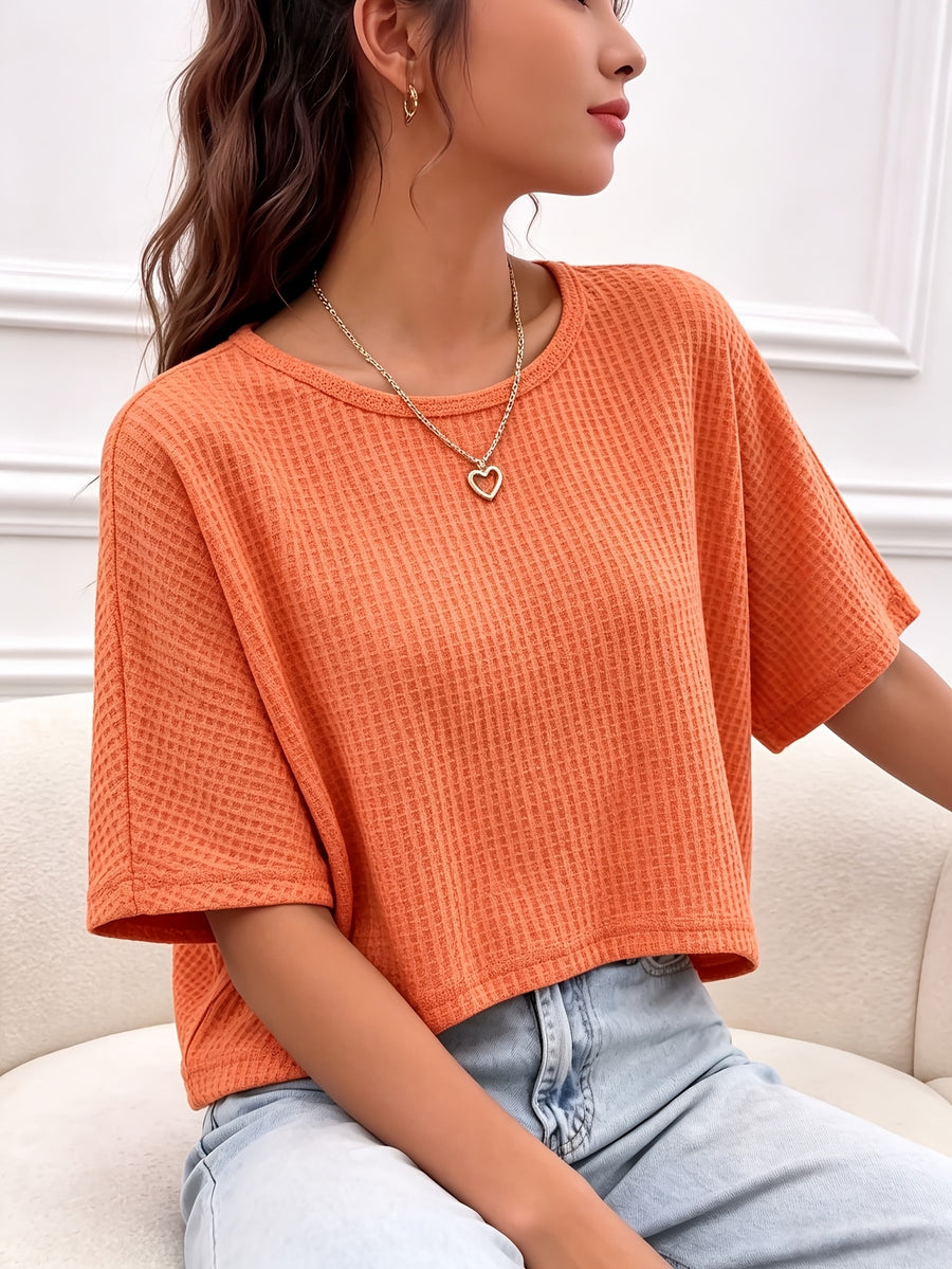 Women's Casual Loose-Fit Waffle Short Crop Crew Neck Short Sleeve T-Shirt for Daily Commuting - Orange-Red