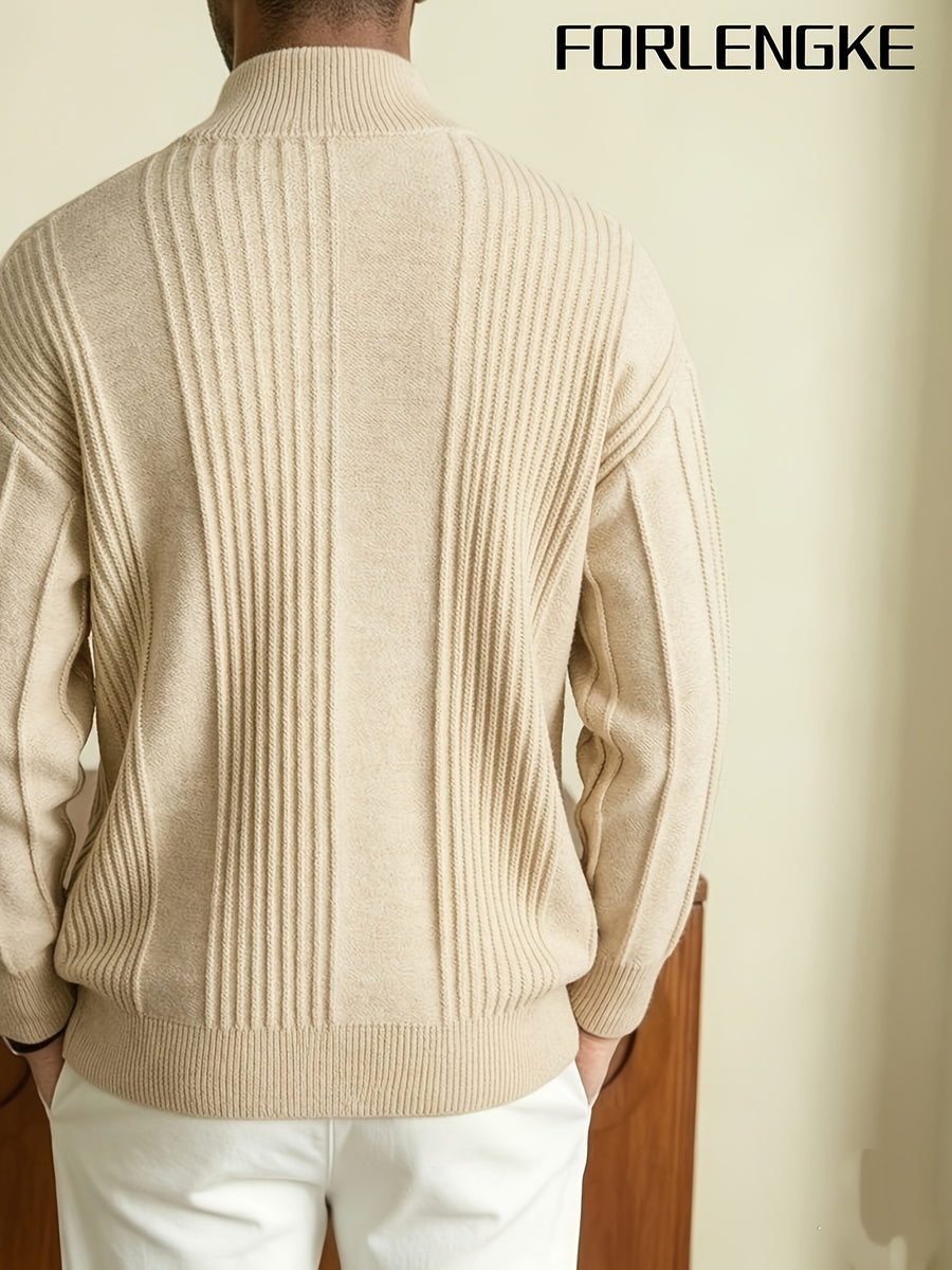 FORLENGKE 2026 New Men Business Casual Stand Collar Full Zip Vertical Ribbed Knit Cardigan, Soft Thick Loose Long Sleeve Sweater Jacket for Fall Winter Office Daily Wear - Apricot