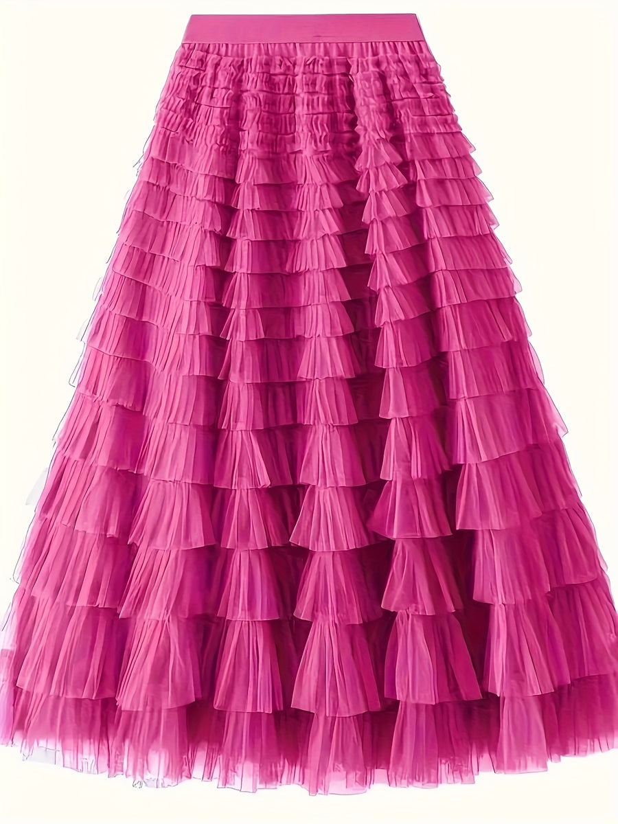 Elegant Mesh Long Cake Skirt with Elastic Waist - Rose Red