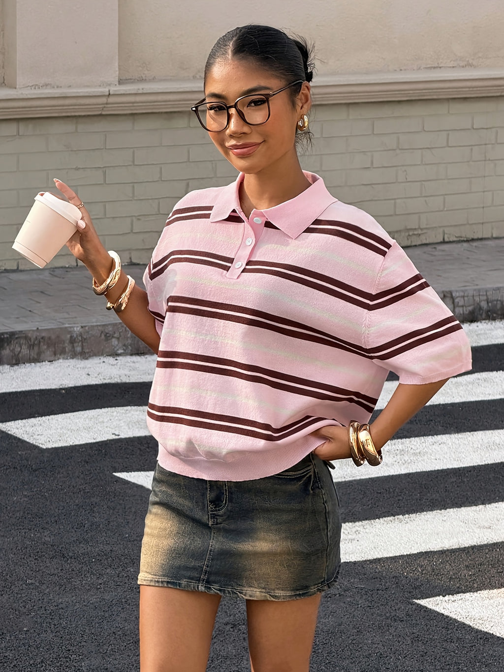 Ladies Fashion Pink Collar Sweater Top - Pink