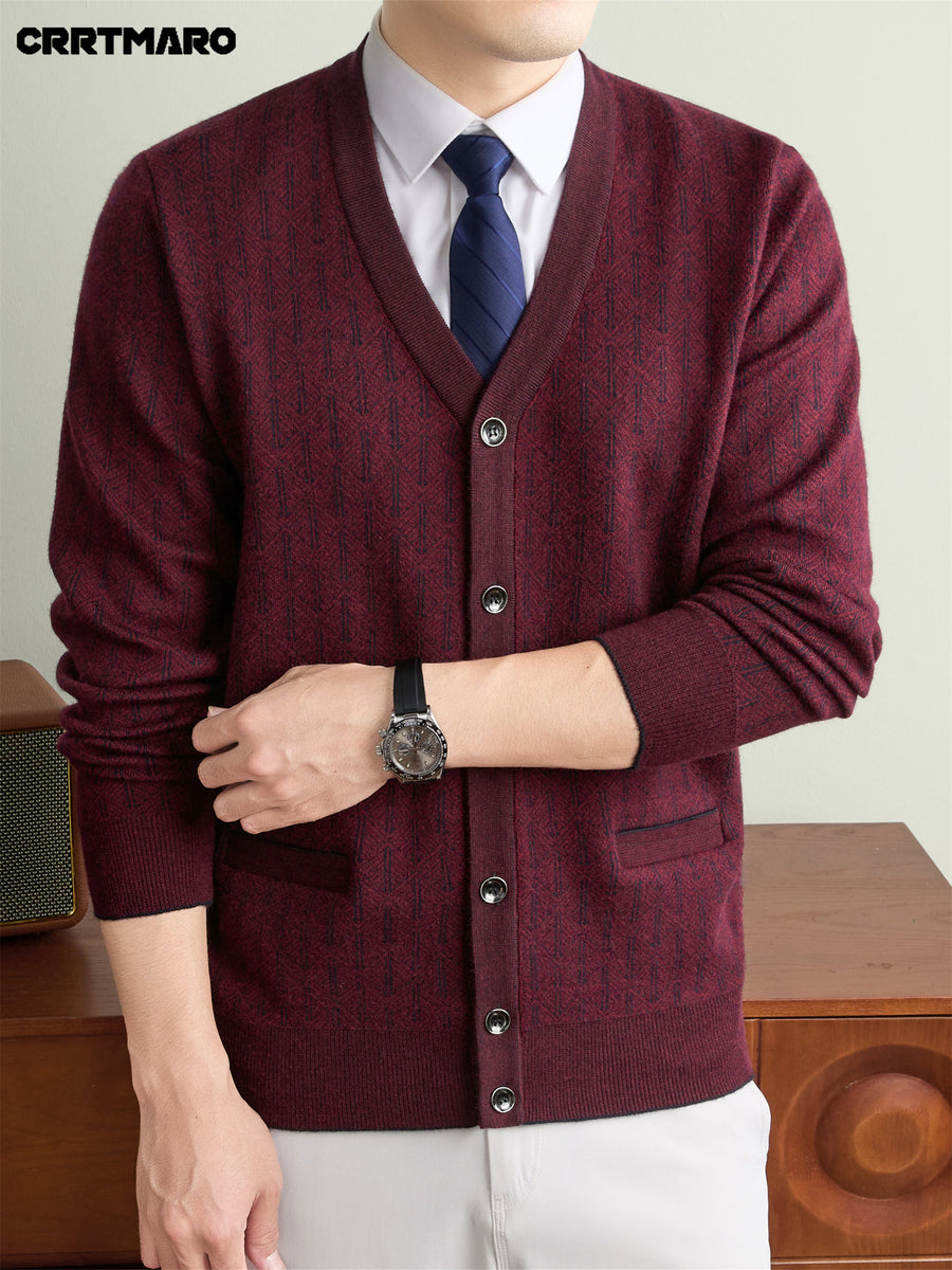 Men'S Thick V-Neck Knit Cardigan, Warm Casual Layering Top for Fall And Winter - Burgundy