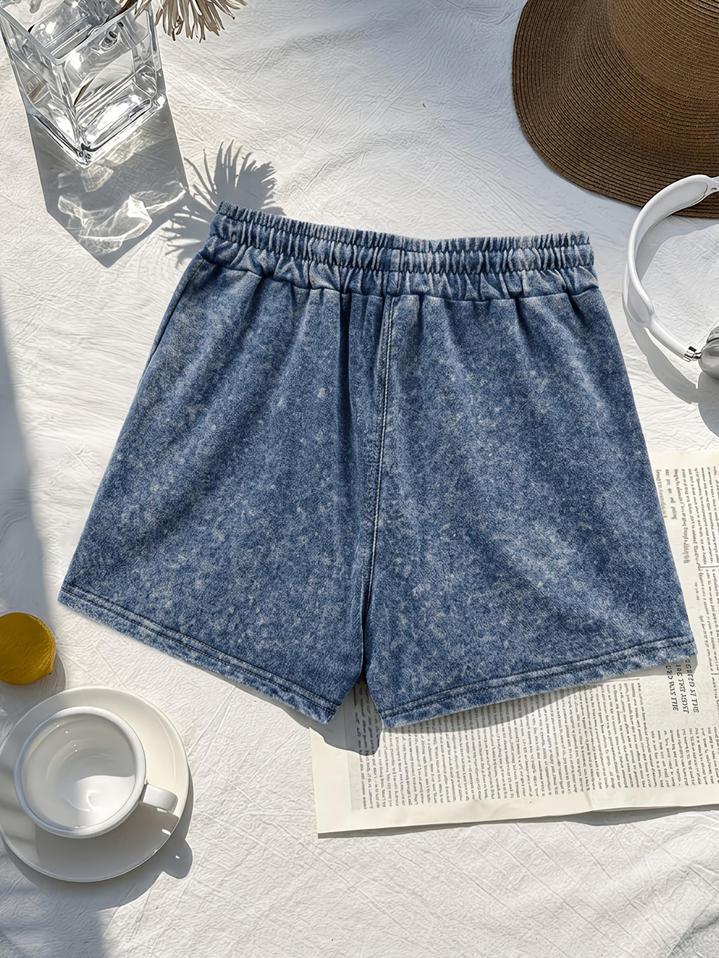 Western Trendy Hawaiian Letter Print Casual Distressed Women'S Shorts, Elastic Drawstring Waist Design, Versatile Home Wear, Lifestyle Fashion - Navy Color
