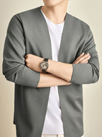 Men's Open Front Cardigan Long Sleeve V Neck Lightweight Solid Color Outerwear Casual Business Layering Jacket for Daily Wear - Gray Green