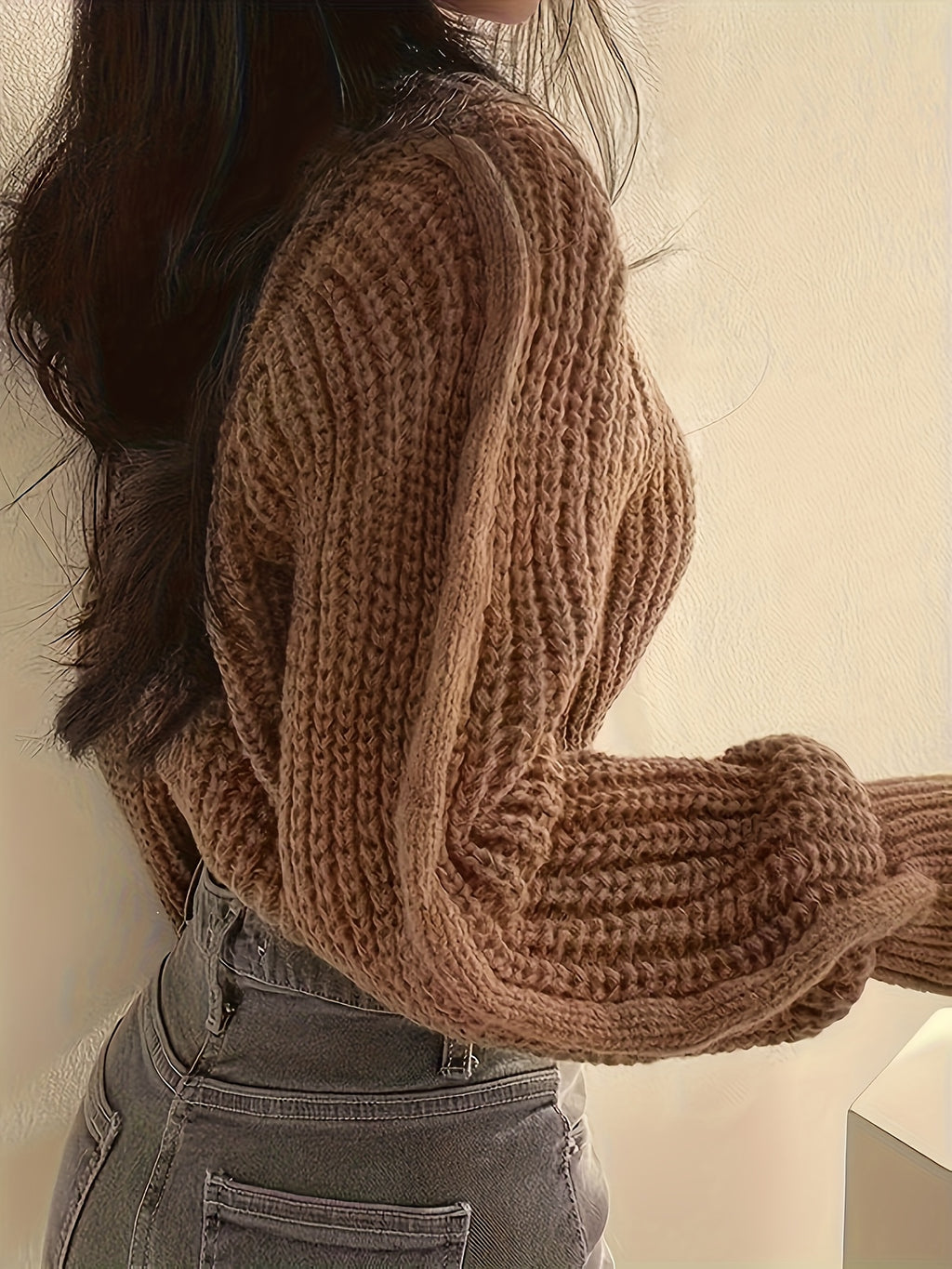 Sweater Women'S Round Neck Design Cable Texture Loose Long Sleeve Textured Three-Dimensional Interpretation Easy Cool Wear Atmosphere All-Match Top Pullover - Brown