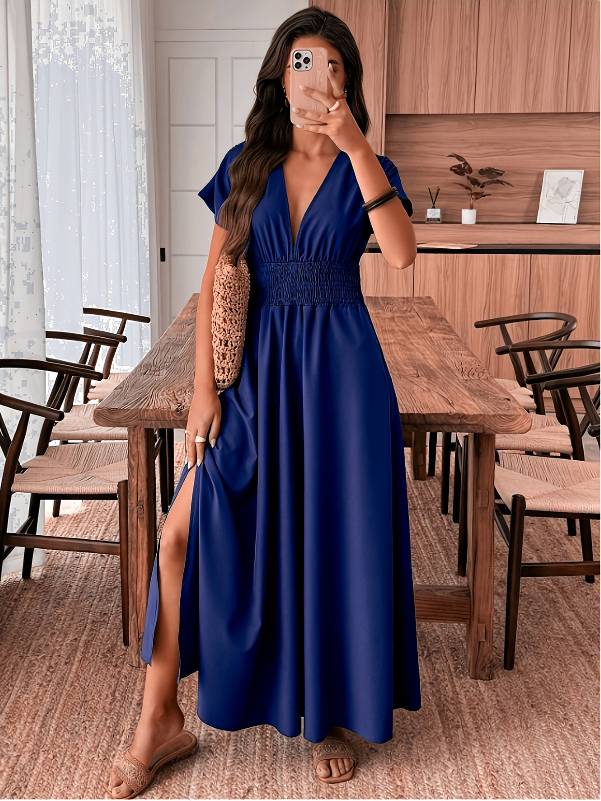 Women'S Fashionable Exquisite Daily Commute Attire Women'S Elegant Solid Color A-Line Short Sleeve Dress Sexy Deep V-Neck Waist-Cinching Waist Smocked Slit Design Bridesmaid Dress Women'S - Blue