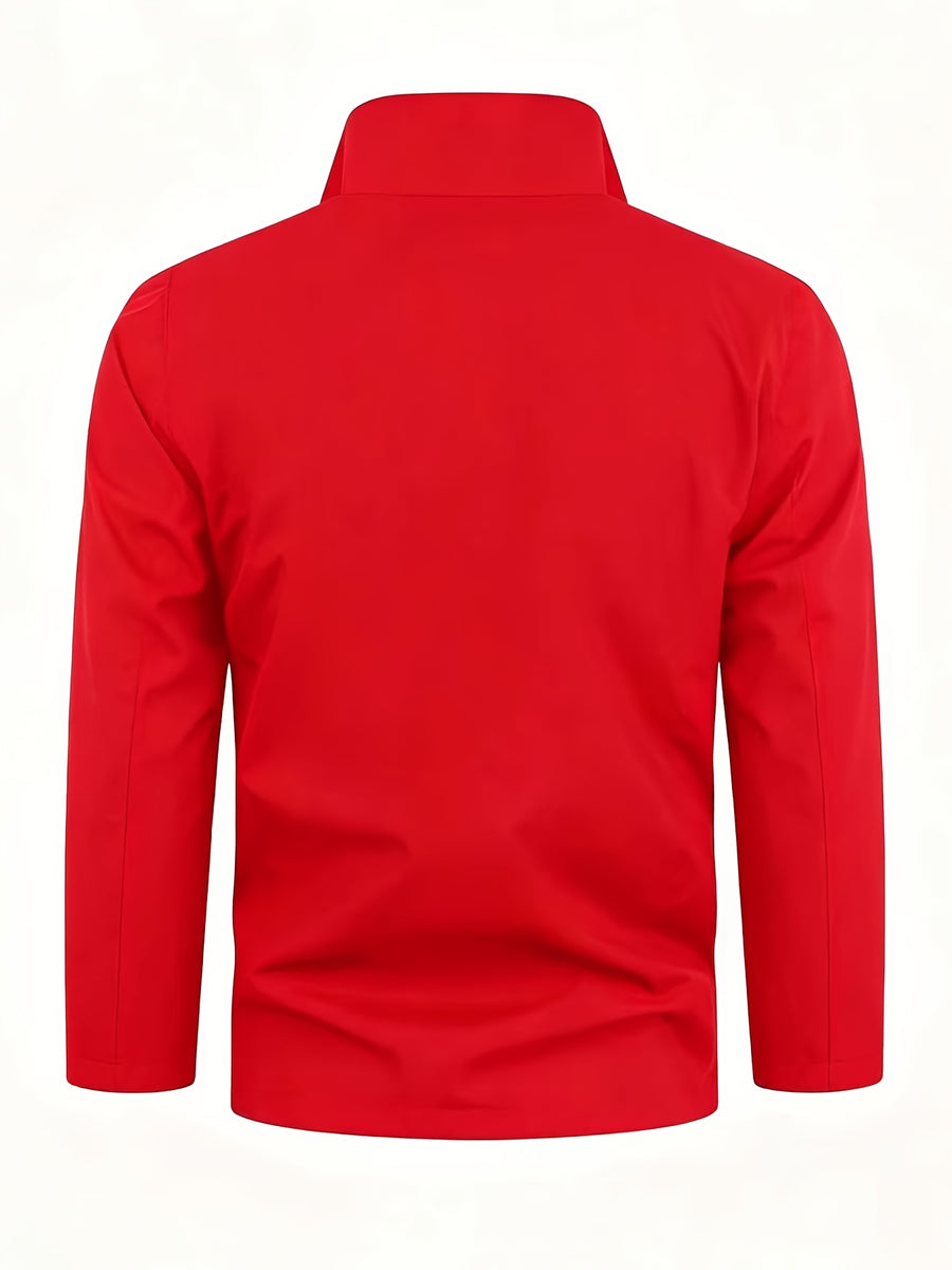 Simple Large "R" Letter Navy Blue Lined White Full-Zip Stand Collar Windproof Jacket for Men and Women, Spring/Autumn Multi-Pocket Trendy Casual Outdoor Windbreaker - Red