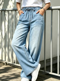 1pc Light Wash Blue Drawstring Elastic High Waist Floor-Length Wide Leg Denim Jeans, Lazy Casual Denim Trousers, Solid No Print, All Seasons Home Street Outfits, Loose Draped Fit for Western And Moms - Light Blue