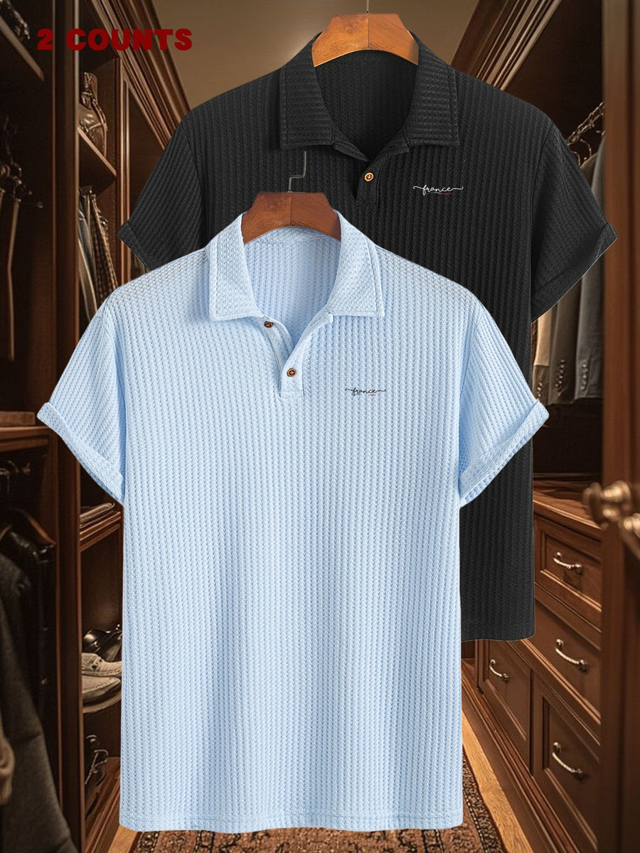 2pcs Set Summer Men'S Textured Jacquard Short Sleeve POLO Shirts | Casual Comfortable Soft Knit Lapel Collar, Geometric Pattern, Button Details - Sky Blue + Black