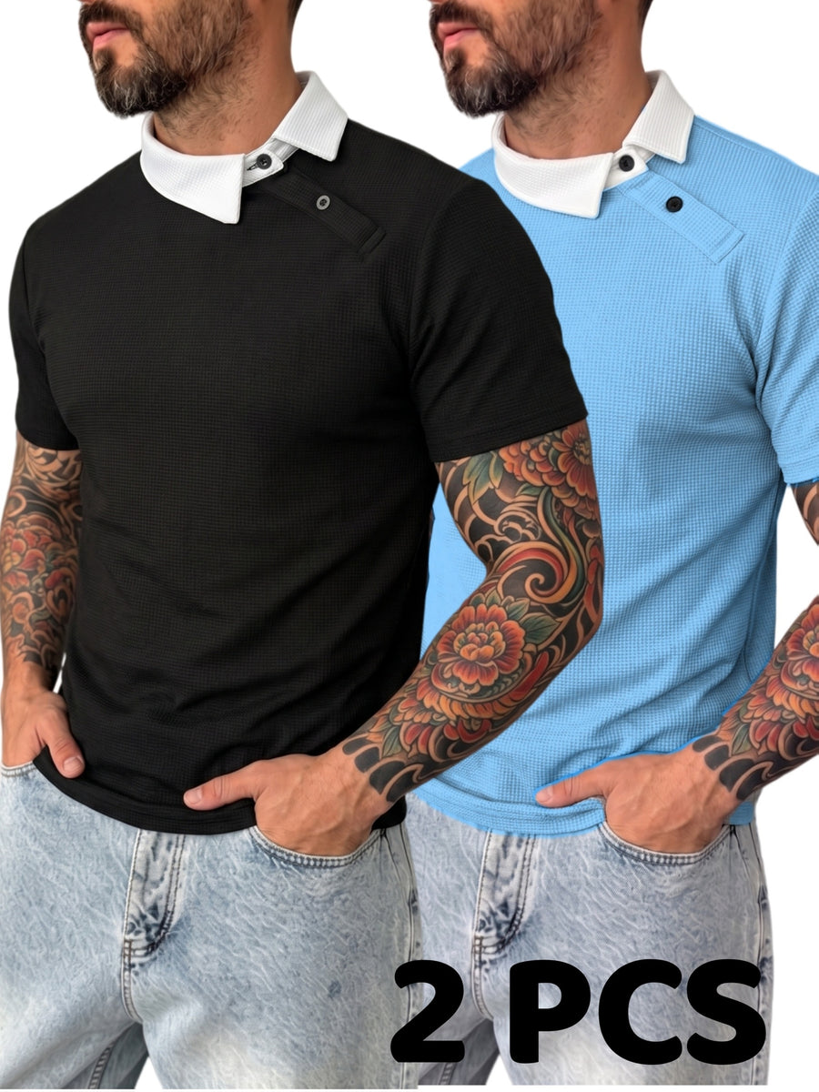 [Shule Water OBM] [Summer 2026 New 2pcs Set] Men'S Waffle Knit Off-Shoulder Button-Up Polo Shirt - Black Blue
