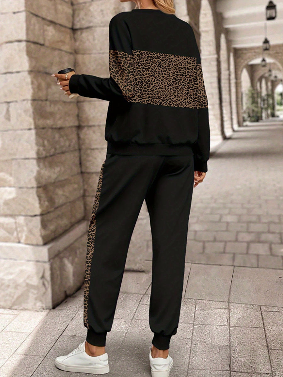 Ms. Emily Rose'S Long-Sleeve Houndstooth Patchwork Sweatshirt And Long Pants Two-Piece Set for Spring And Autumn - Black + Leopard Print
