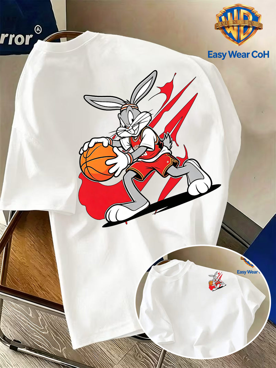 Warner Bros. Authentic Preppy Style Men's Short-Sleeve T-Shirt, Core Theme Ink Splatter Graffiti Sports Basketball Dribbling Cartoon Creative Print, Full of Dynamic Energy and Youthful Sporty Vibe, Skin-Friendly and Comfortable Fabric - White