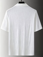 Summer Premium White Pleated Short-Sleeve Notched Lapel Men's Shirt, Lightly Mature Style Slim Fit Thin Casual Shirt - White