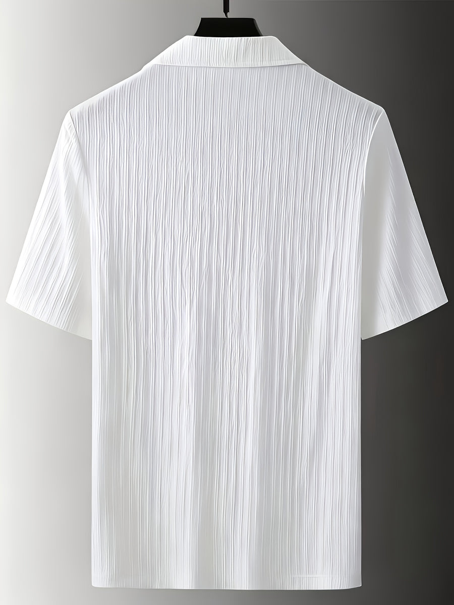 Summer Premium White Pleated Short-Sleeve Notched Lapel Men's Shirt, Lightly Mature Style Slim Fit Thin Casual Shirt - White
