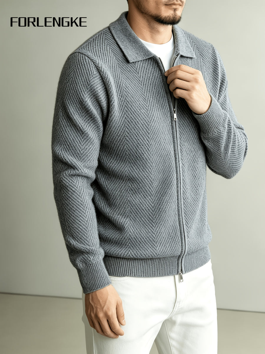 FORLENGKE Autumn Winter Men'S Lapel Zipper Knit Jacket, 3D Jacquard Textured Heavy Sweater Cardigan, Soft Skin-Friendly Thick Warm Long-Sleeve Top, Casual Commute Trendy Outerwear for Middle-Aged Men - Grey