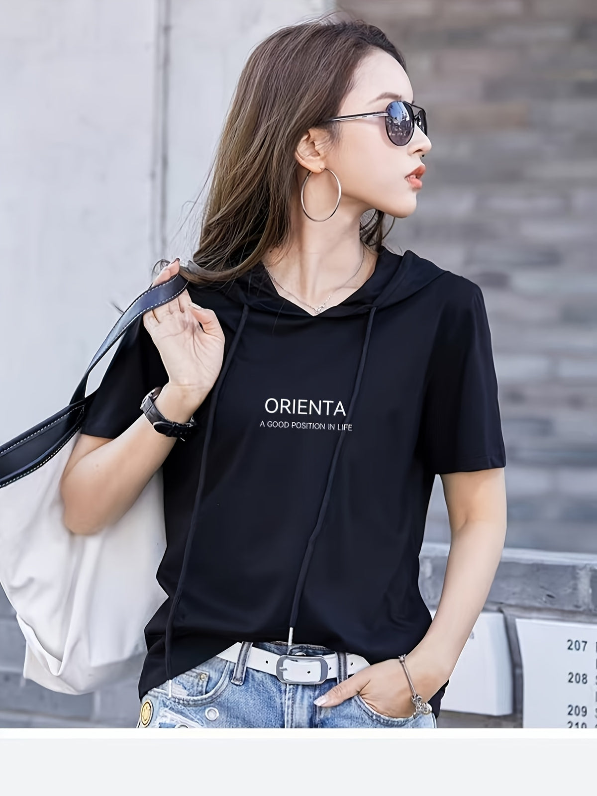 Summer New Korean Version Loose Short Sleeve Thin Trendy Printed Hooded T-Shirt Casual Drawstring Loose Short Sleeve Shirt for Women Regular - Black