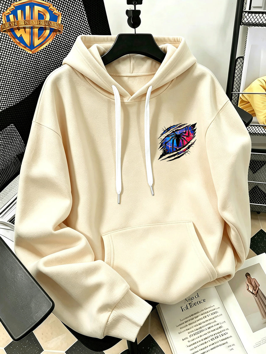 Warner Bros Official Autumn/Winter Casual Sporty Loose Hooded Sweatshirt, Red and Blue Ripped Claw Mark Spiderweb Trendy Cool Vintage Print, Men's Casual Versatile Adjustable Drawstring Sweatshirt, Comfortable and Casual Autumn/Winter Apparel - Apricot