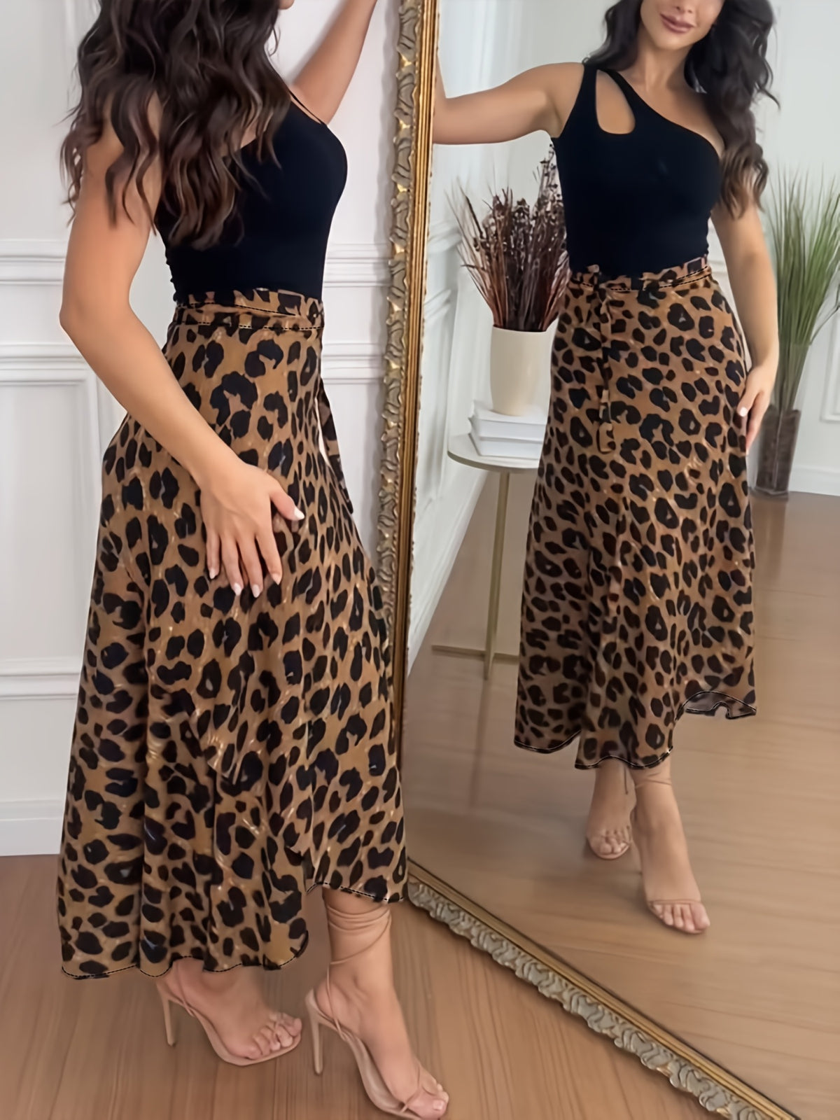 Leopard Print Wrap Skirt with Cross Straps for Casual Vacation Wear - Leopard Print