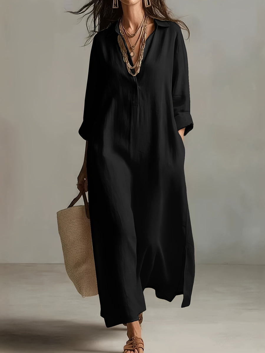 Autumn Casual Solid Color Lazy Style Long Sleeve Shirt Dress for Women, Double Pocket Design, Loose Fit with Side Slit Long Dress, Adds a Touch of Vintage Charm, Moderately Thick, Breathable, Skin-Friendly, and Soft Fabric, Versatile Style - Black