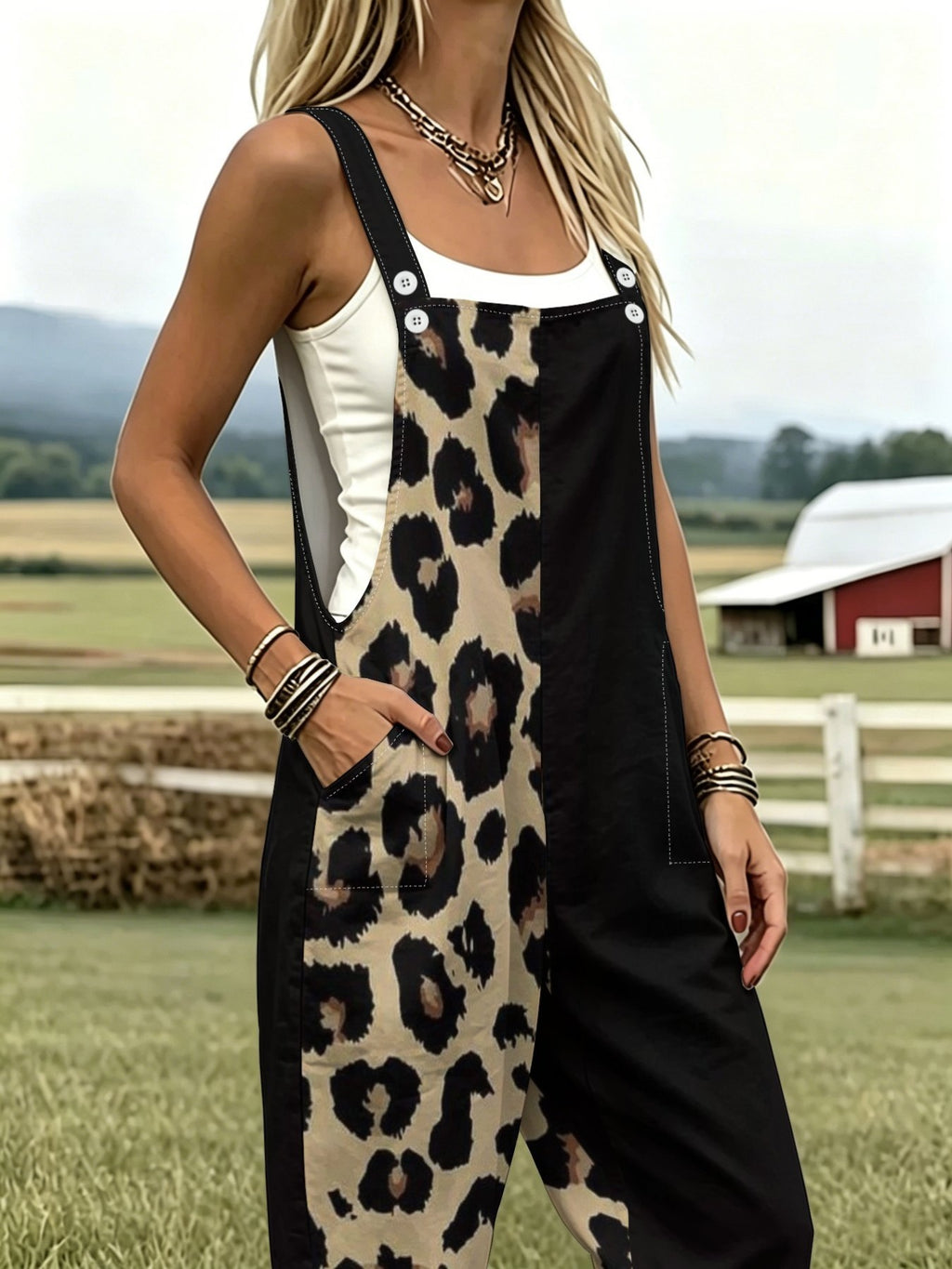 Retro-Style Sexy Overalls with Half Leopard Print And Half Black Patchwork Design, Women'S Wide-Leg Jumpsuit with Fold-Up Cuffs And Pockets, Perfect for Everyday Wear, Outings, And Workwear - Multicolor