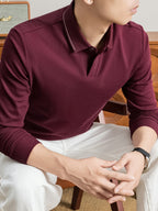 New Autumn 2026 Men's Long-Sleeve Solid Color Seagull Collar Lapel Casual Polo T-Shirt - Burgundy