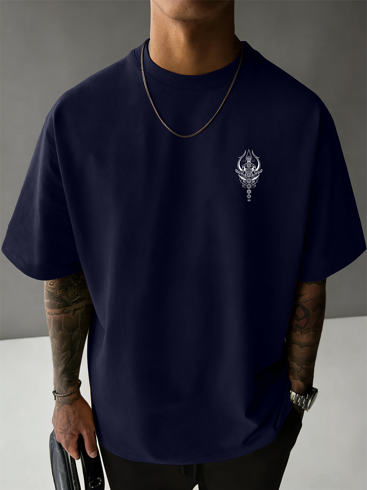 Men's 100% Pure Cotton T-Shirt, Zen Chakra Print, Breathable and Soft, for All Seasons, Casual Daily Commute - Navy blue color