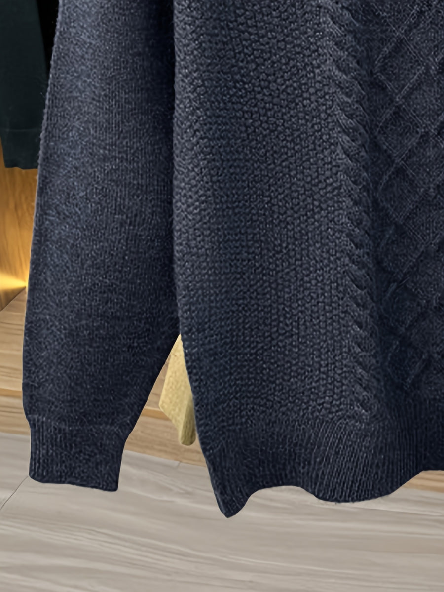 Men'S Thickened Semi-Open Zipper Stand Collar Knit Sweater, Ribbed Cuffs And Hem, Autumn/Winter Style, Single Wear And Layering, Light Mature Business Casual Style - Dark Gray