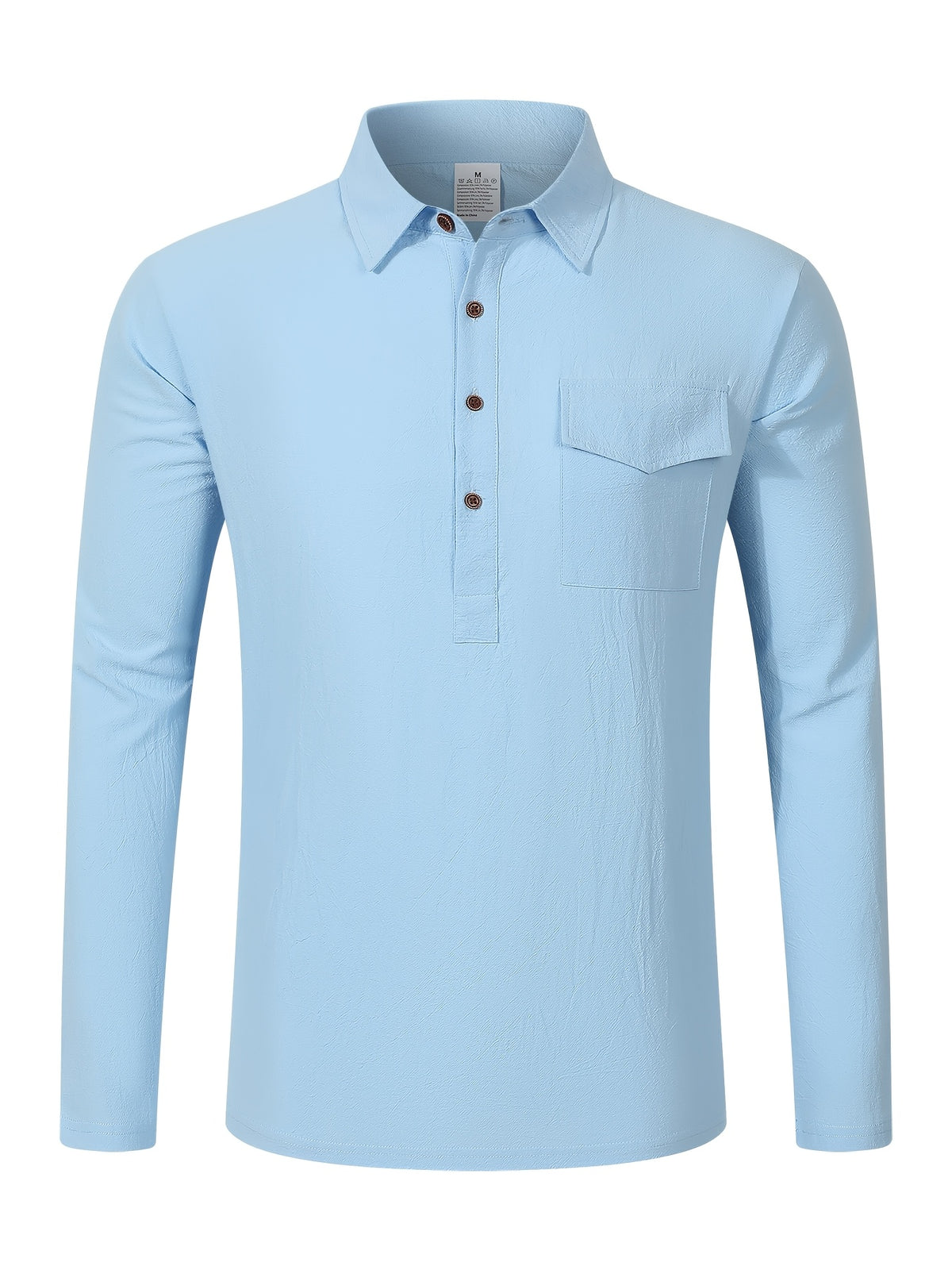 Autumn Men's Polo Shirt, Half-Button Henry Collar Long Sleeve Top with Simple Chest Pocket, Suitable for Business, Office, and Daily Wear - Blue