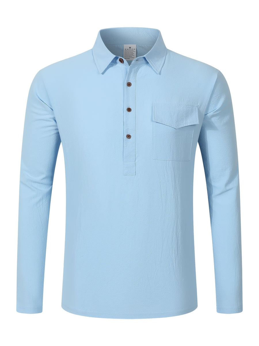 Autumn Men's Polo Shirt, Half-Button Henry Collar Long Sleeve Top with Simple Chest Pocket, Suitable for Business, Office, and Daily Wear - Blue