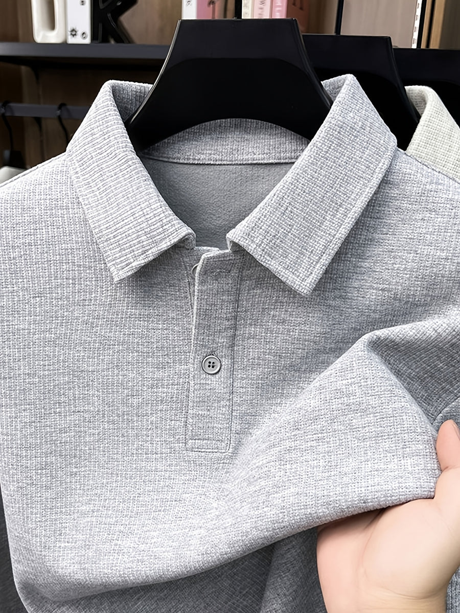 Men's Autumn/Winter Thick Long-Sleeve Polo Shirt, Lapel Collar, Two-Button Placket, Understated and Premium, Suitable for All Ages - SINBOS - Medium Gray