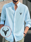 Men's Comfortable Long Sleeve Casual Shirt - Party Wear, Lightweight Breathable Stand Collar Button-Up Top, Versatile Apparel for Daily Wear, Events, and Outings, {Simple Fashion Style} Deer Head Print Pattern, Suitable for Various Occasions Fashion - Sky Blue
