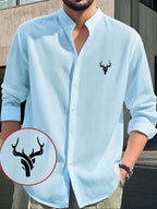 Men's Comfortable Long Sleeve Casual Shirt - Party Wear, Lightweight Breathable Stand Collar Button-Up Top, Versatile Apparel for Daily Wear, Events, and Outings, {Simple Fashion Style} Deer Head Print Pattern, Suitable for Various Occasions Fashion - Sky Blue