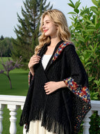 Women'S Cardigan - Autumn/Winter New Bohemian Ethnic Style Wavy Fringe Hooded Multicolor Jacket, Summer Women'S High-End Elegant Temperament Air-Conditioned Room Casual All-Match Cape Scarf, Suitable for Travel, Vacation, Photoshoot, Casual Wear - Black