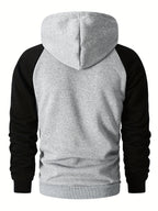 Men's Trendy Patchwork Print Hooded Sweatshirt, Casual Daily Wear Sporty Pullover, Autumn Essentials - Light Gray + Black