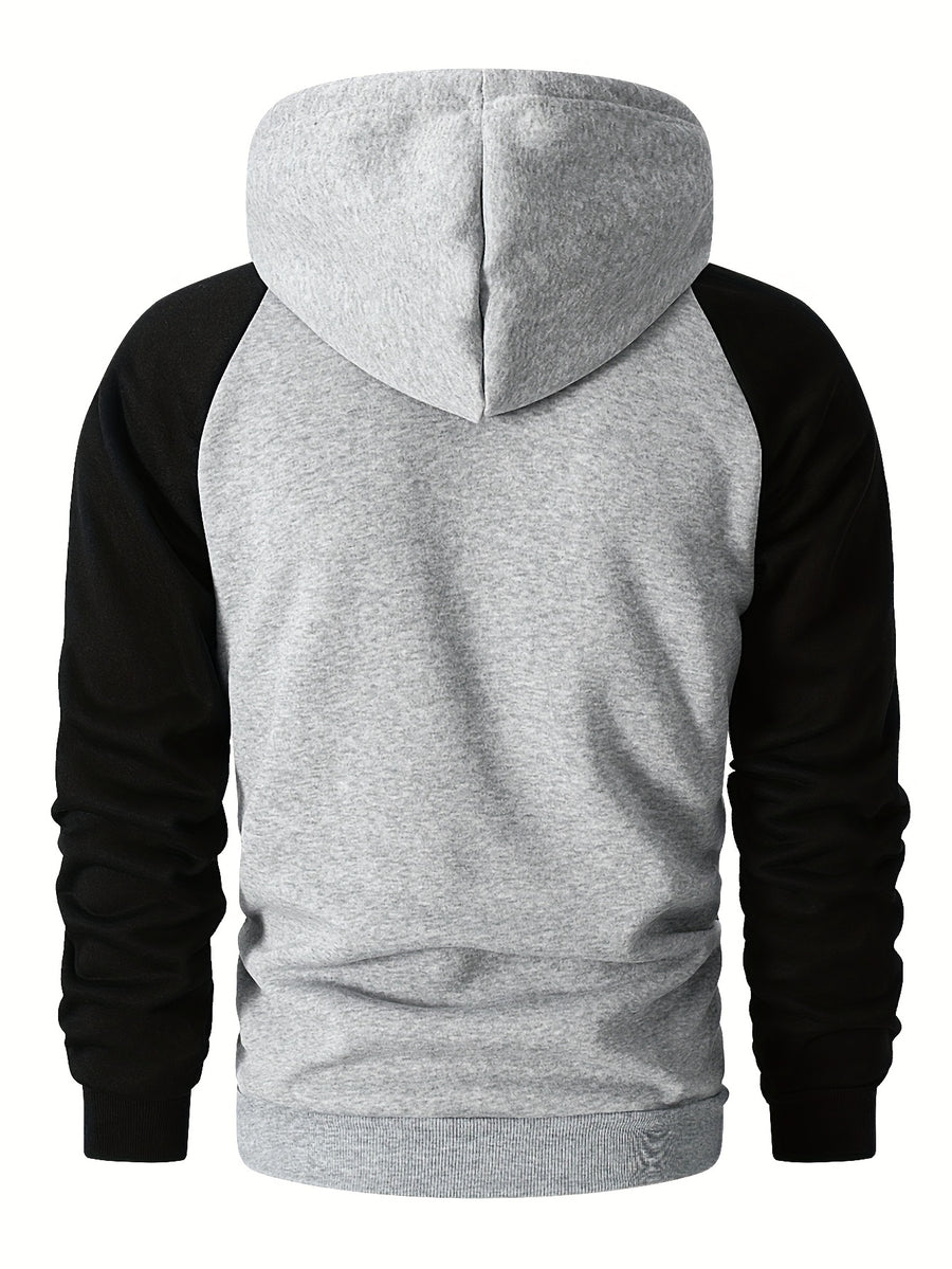 Men's Trendy Patchwork Print Hooded Sweatshirt, Casual Daily Wear Sporty Pullover, Autumn Essentials - Light Gray + Black