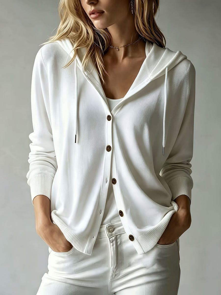 Women's Casual Hooded Cardigan, Button-Up Long Sleeve Top, Lightweight Loose Hooded Outerwear, Suitable for Daily/Commute/Vacation Multi-Scene Wear, Gavin - White