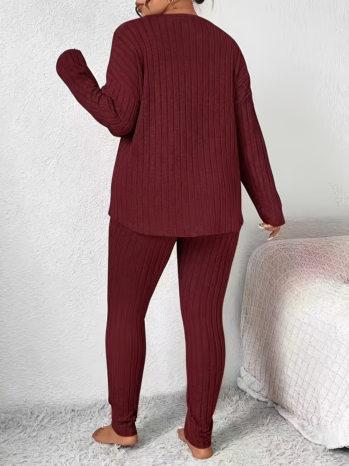 Solid Color Long-sleeved Top and Trousers Casual Everyday Set - Burgundy