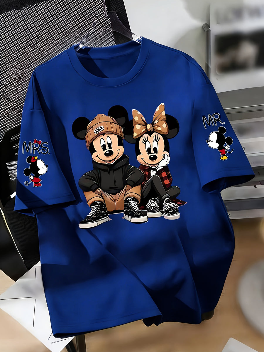 Disney Licensed Women'S Popular Printed Graphic T-Shirt Featuring Mickey And Minnie in a Trendy Street Style. This Short-Sleeve, Round-Neck Tee Has Multiple Prints on The Sleeves - Blue 1