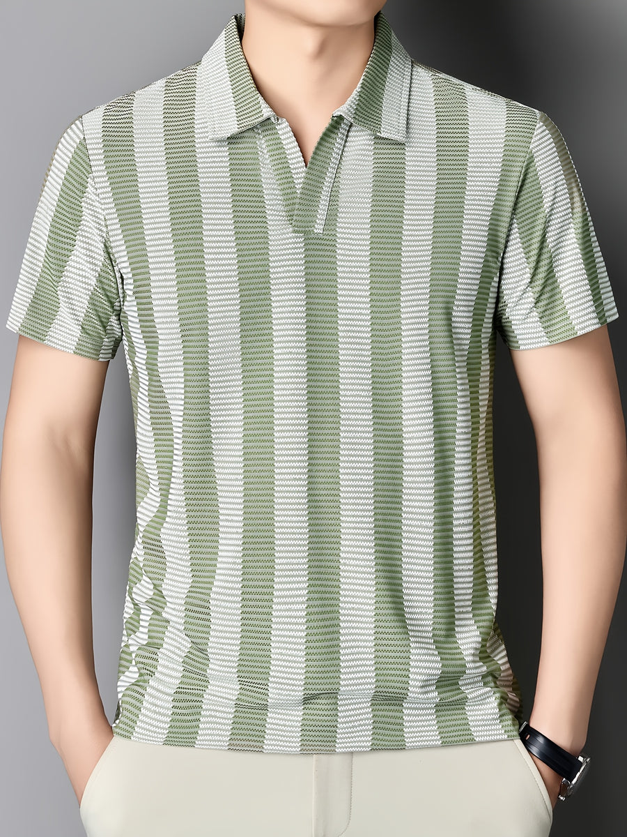 [Sleek Awakening OBM] Spring/Summer New Men'S Polo Shirt, Old Money Style Knit Jacquard Striped Contrast Half-Button Placket Cutaway Collar Short Sleeve T-Shirt for Men, Fashionable And Versatile Pullover Base Layer Top - Light Green